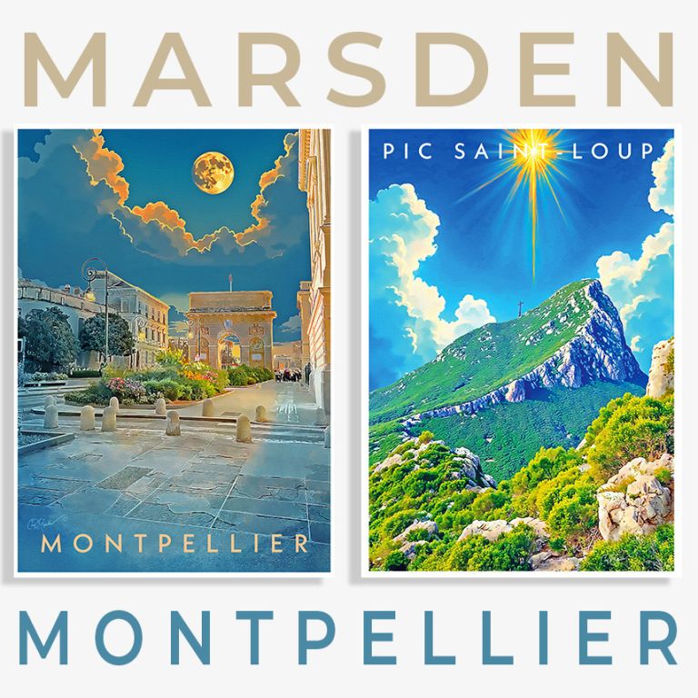 Affiches Montpellier & Pic Saint-Loup — illustration touristique en style travel poster Série d’illustrations de Montpellier et du Pic Saint-Loup dans l’esprit des affiches de voyage vintage et du travel poster classique. Ces visuels relèvent de l’illustration touristique, de l’affiche décorative, de la direction artistique territoriale et de la communication visuelle locale. Le style s’appuie sur une composition claire, une palette lumineuse et une évocation élégante du patrimoine et du paysage, entre graphisme rétro, illustration patrimoniale et poster art contemporain. - ian david marsden - illustrateur