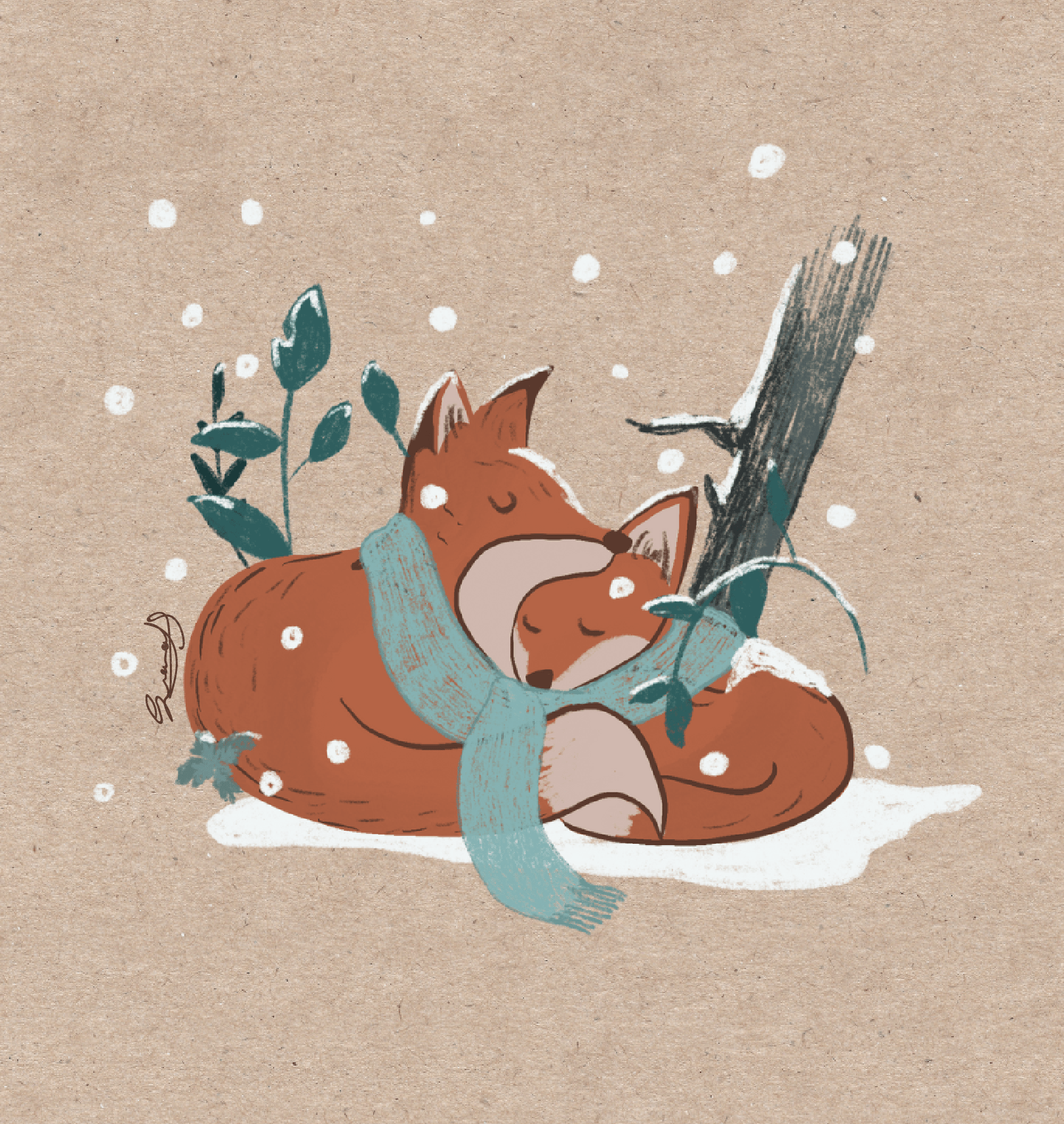 deux-renardeaux-dormant-sous-la-neige.png - stéphanie girard - illustrateurs/rices